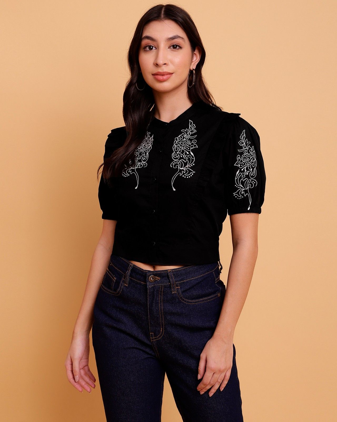 Black Cotton Poplin Crop Shirt with White Embroidery